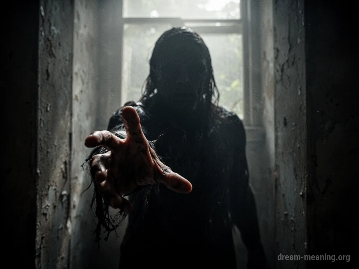 A dark silhouette figure extending its arm from deep shadow.