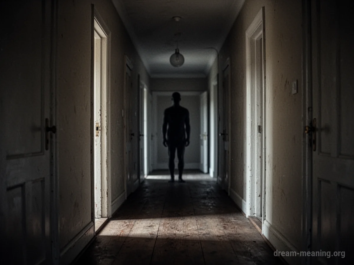 A dark human silhouette stands at the end of a long, dimly lit hallway.