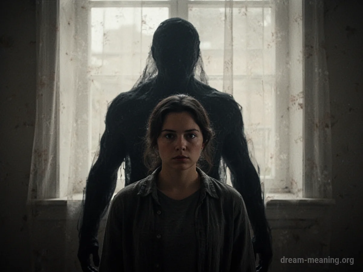 A silhouette of a shadowy figure standing between the viewer and a path.