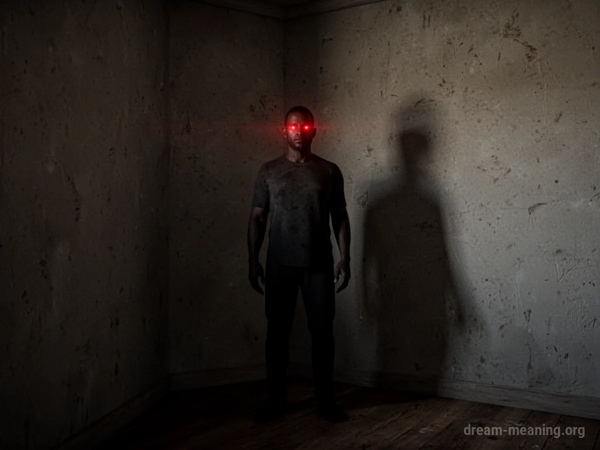 A dark silhouette of a person with two small red lights for eyes in a dimly lit room.
