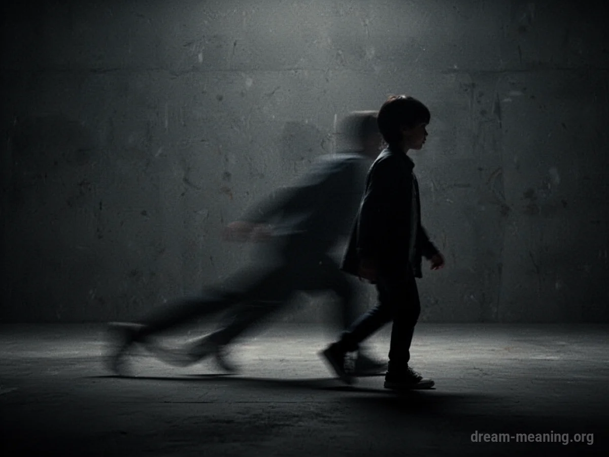 A dark silhouette figure following another figure in a dim environment.