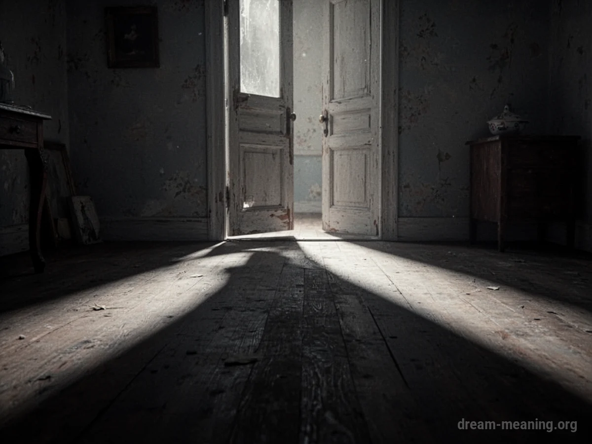 A large shadow extending across a floor from a doorway.