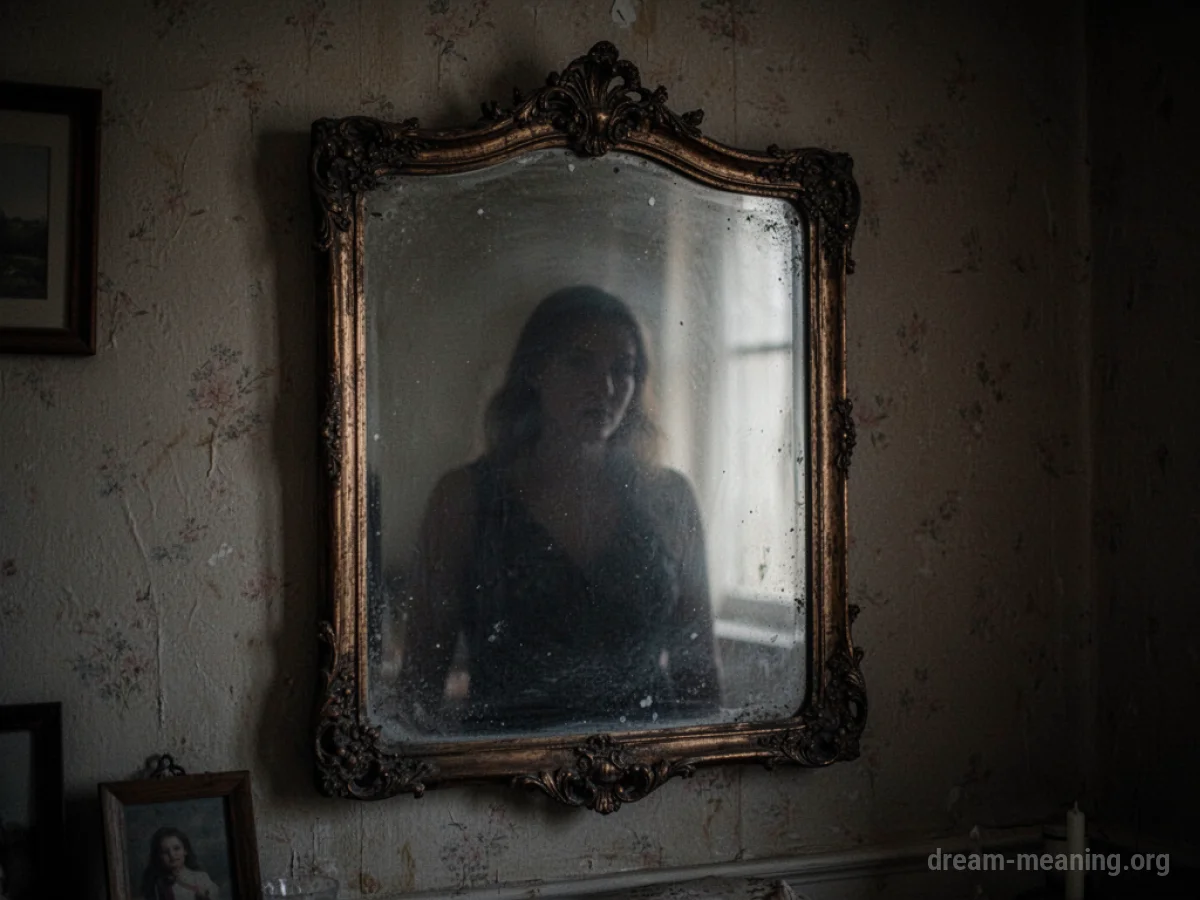 A shadowy figure appears in a mirror, distorting a person's reflection.