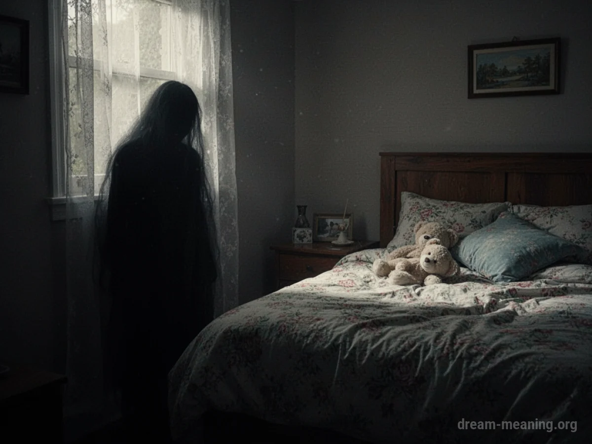 A faint shadow figure in the corner of a bedroom.