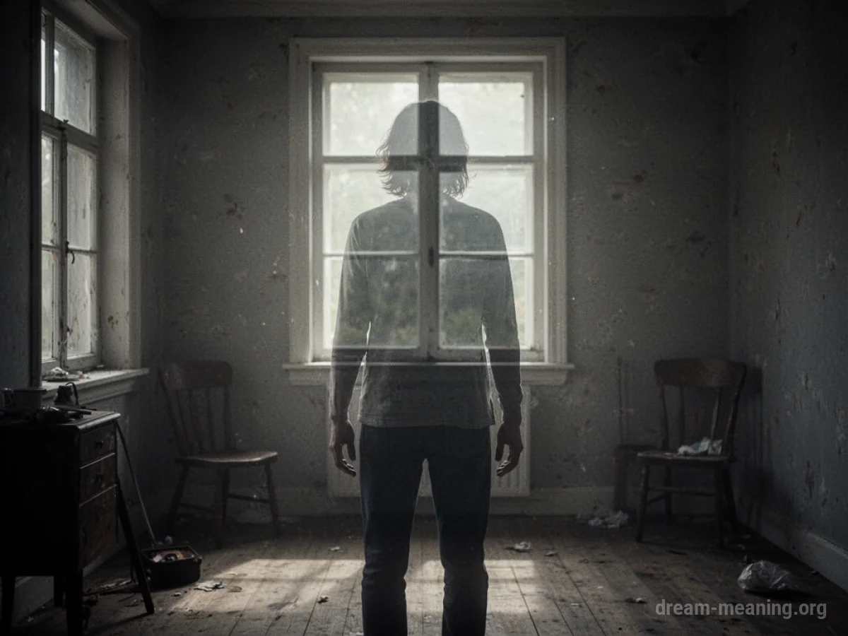 A faint silhouette of a person in a dark room.