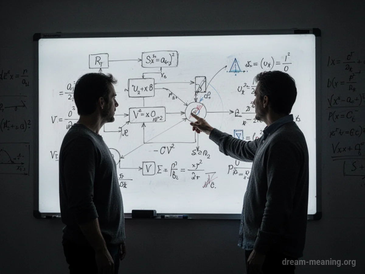 Two silhouettes pointing at a diagram on a whiteboard.