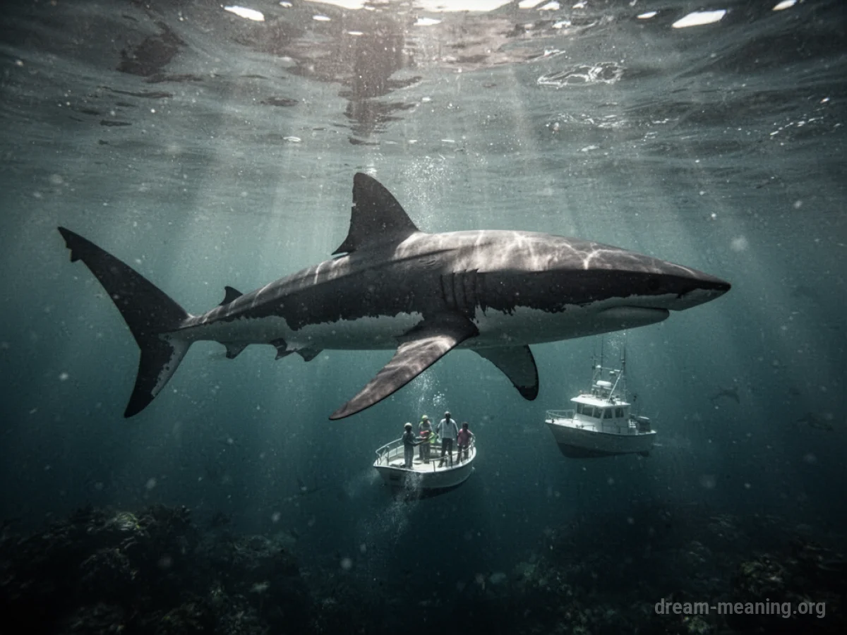 Silhouette of a shark under the water near a boat.