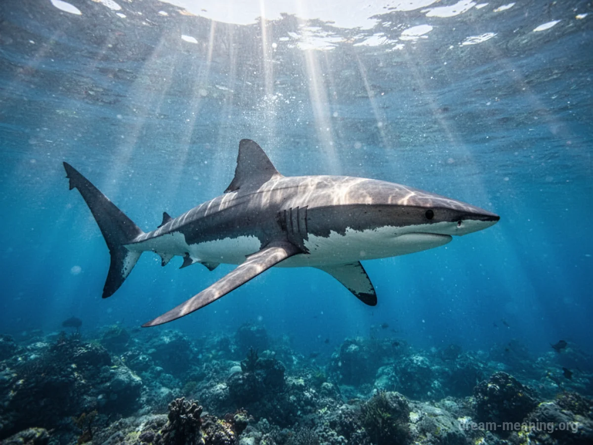 A shark visible in very clear blue water.