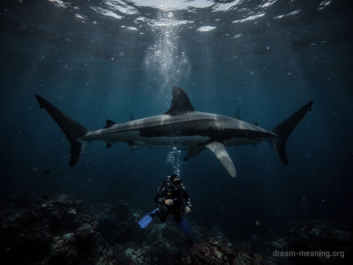 A diver in the deep ocean looking at a shark silhouette.