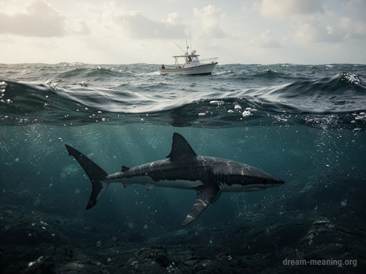A dark shark fin cuts through the surface of grey water near a small boat.