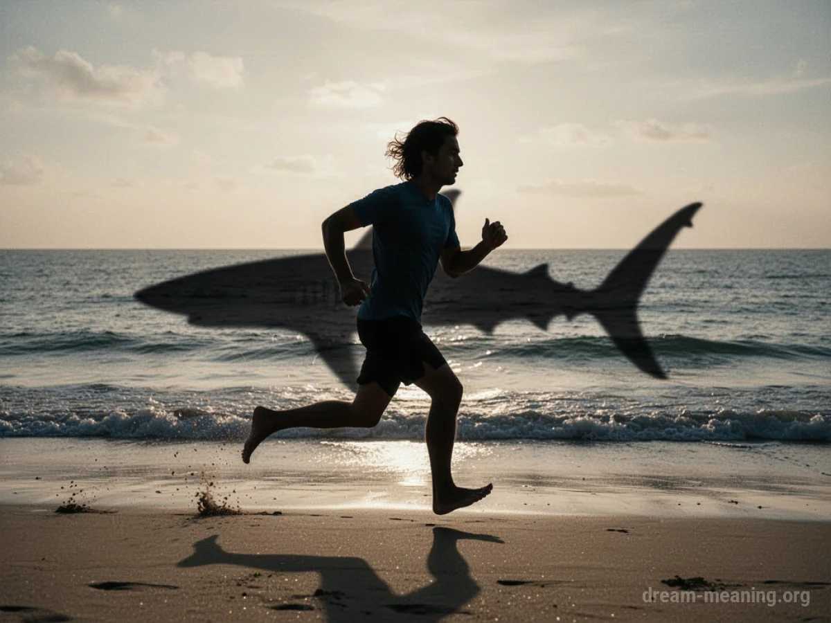 Silhouette of a person running from a shark's shadow in the ocean.