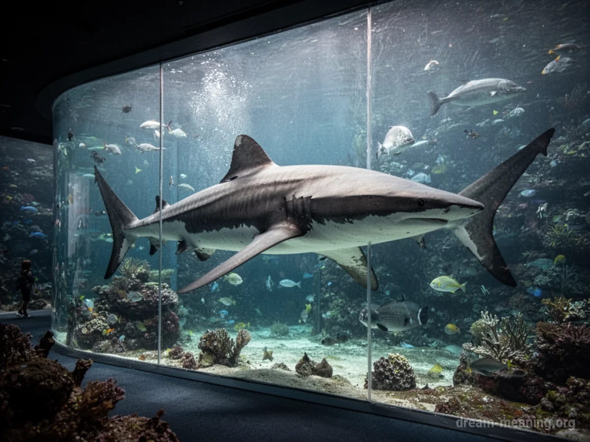 A shark is visible inside a large glass aquarium.