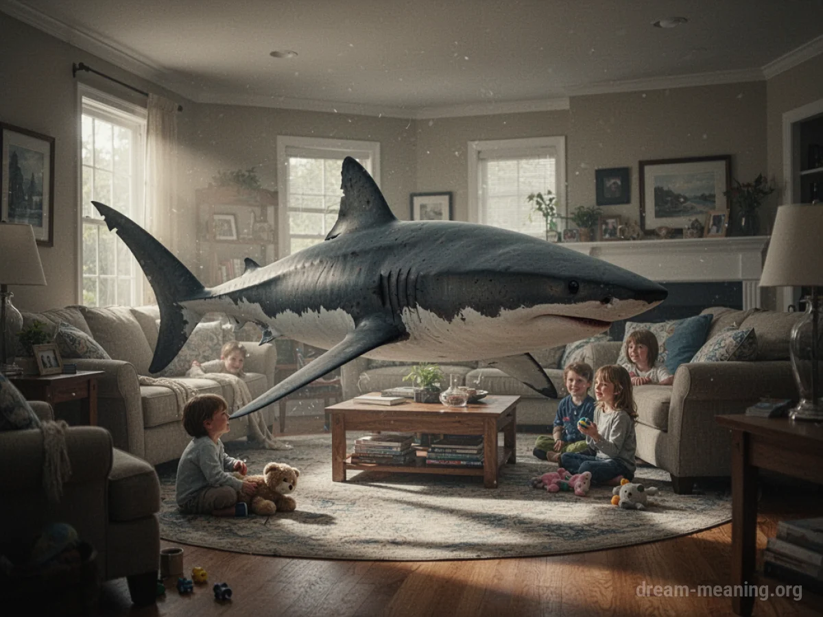 A shark is inside a domestic living room.