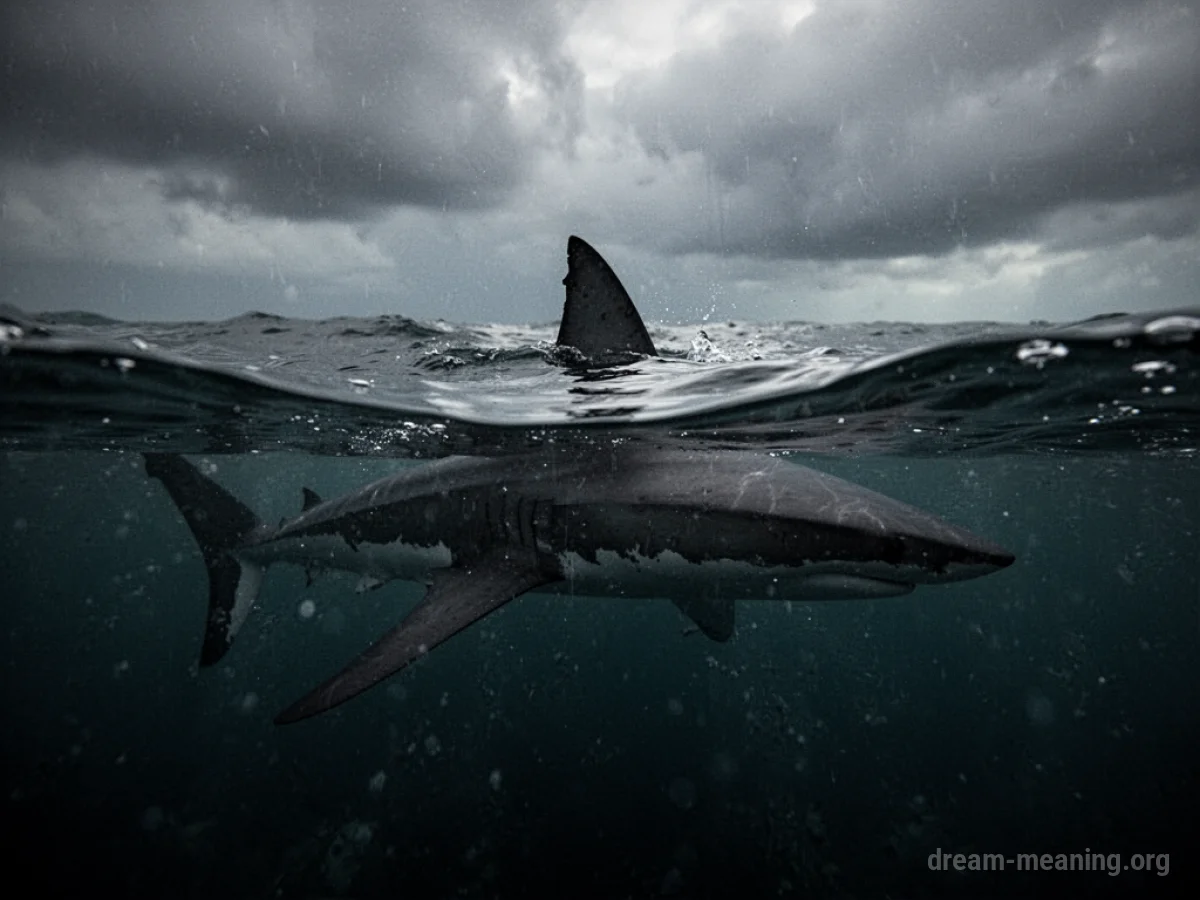 A dark, cloudy body of water with the shadow of a shark's dorsal fin visible.
