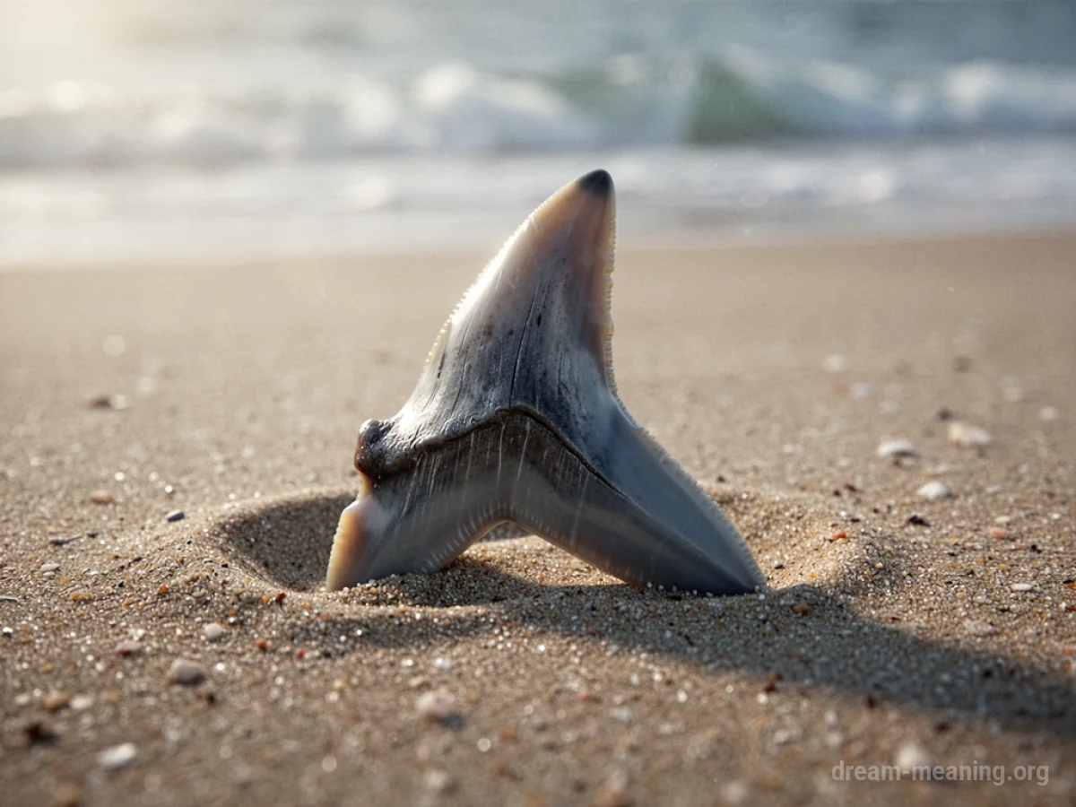 A single, pointed shark tooth lying on a sandy surface.