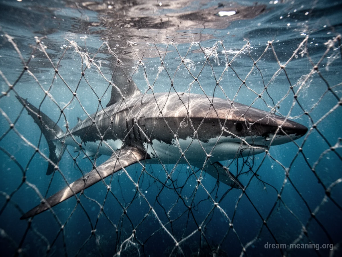 A shark's body is visible through the mesh of a fishing net in the water.