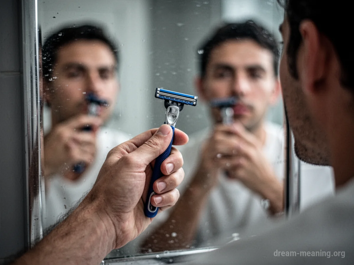 A hand holding a razor blade, positioned near a reflective surface.