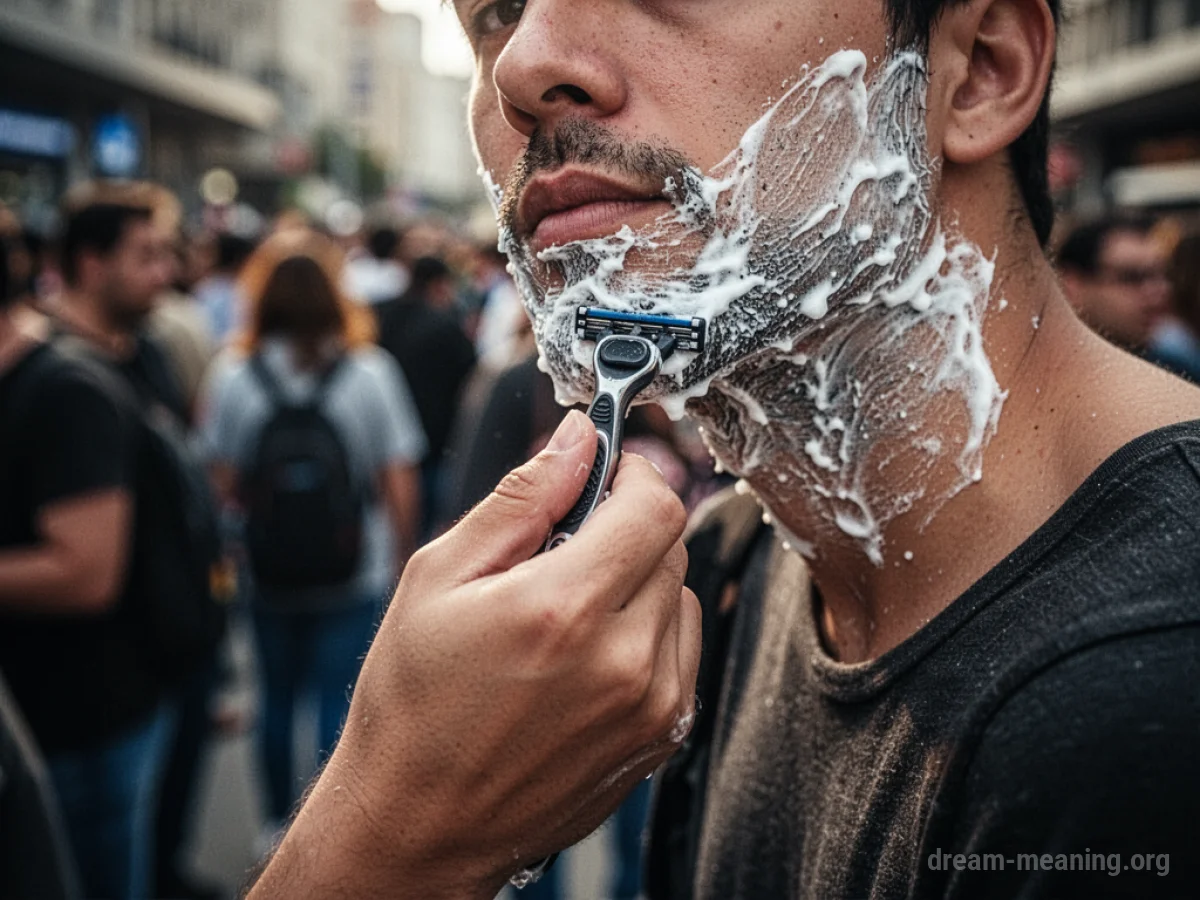 A person shaving their face in a public area with other people around.