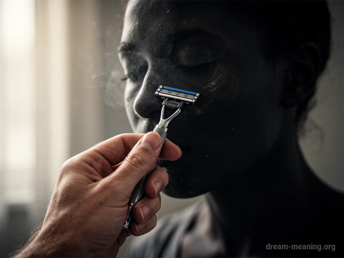 A hand holding a razor close to the face of a blurred figure.