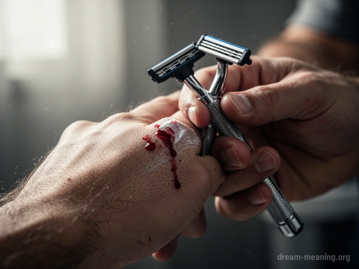 A hand holding a razor with minor cuts visible on the skin.