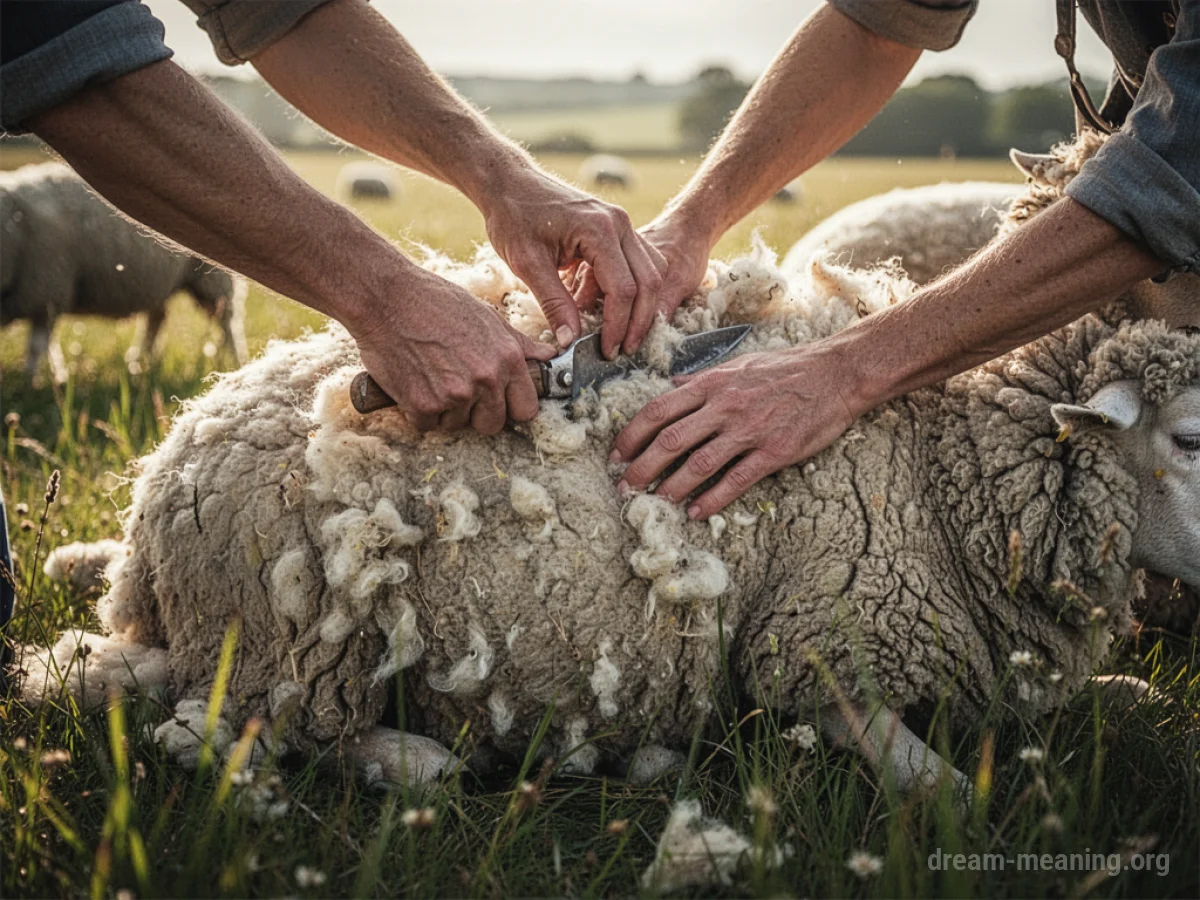 Hands shearing wool from a sheep in a field.