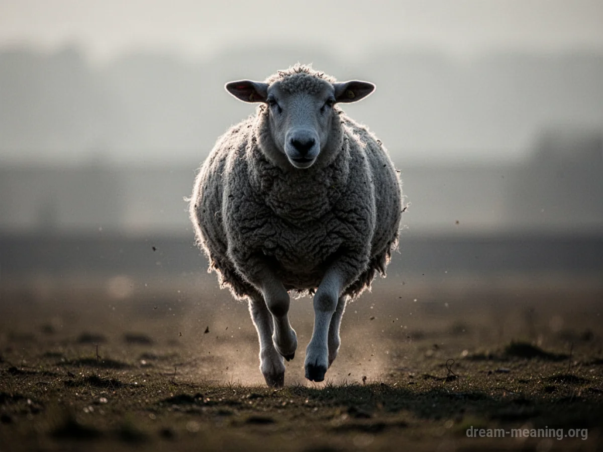 Silhouette of a sheep running on a flat landscape.