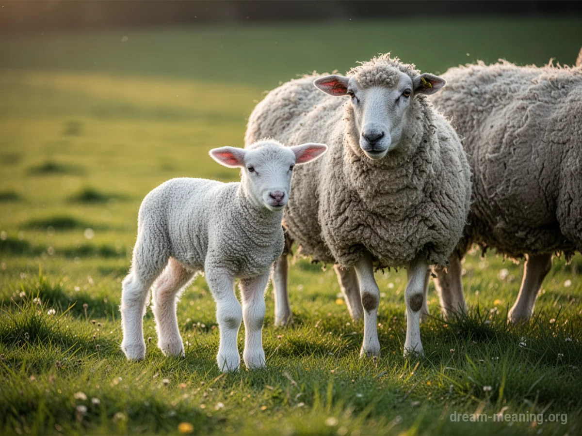 A mother sheep stands over a newborn lamb in a grassy field.