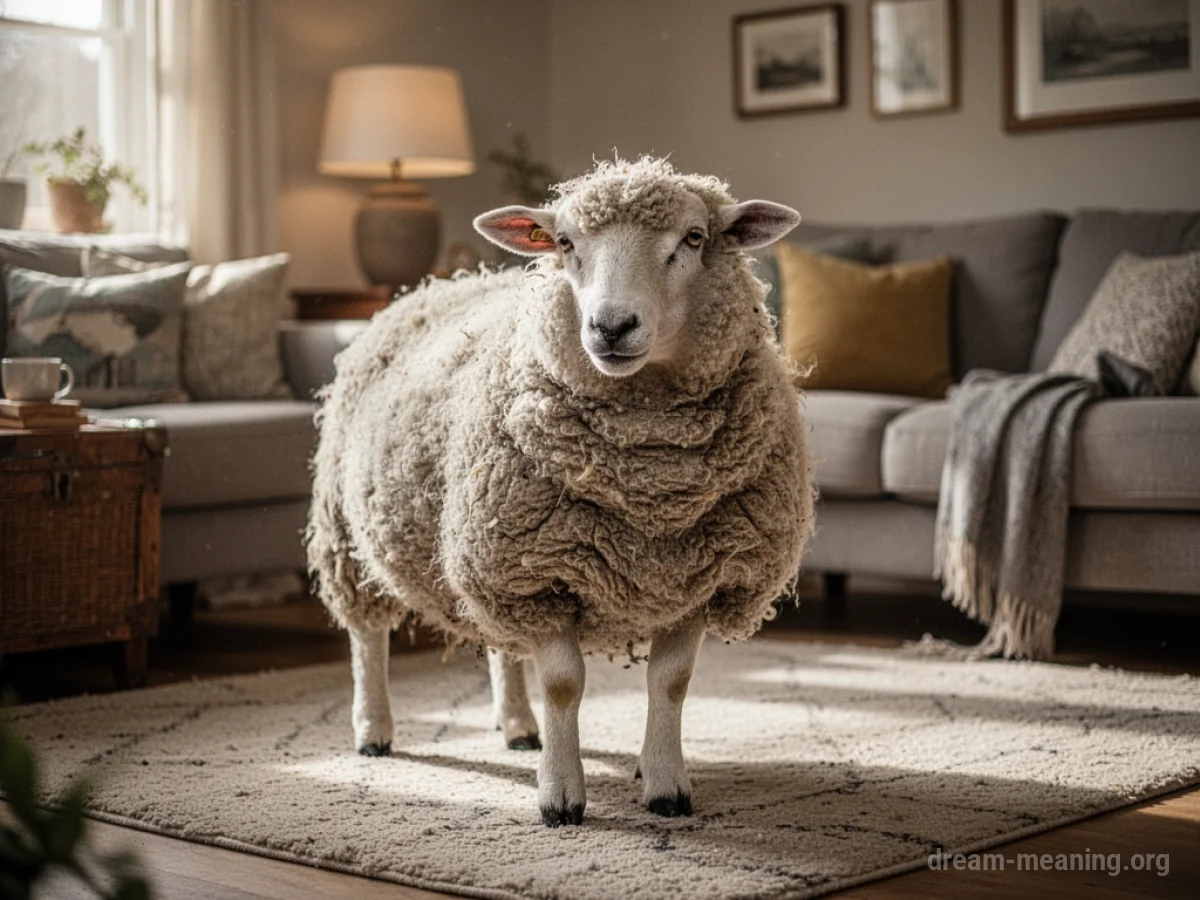 A sheep standing inside a domestic living room.