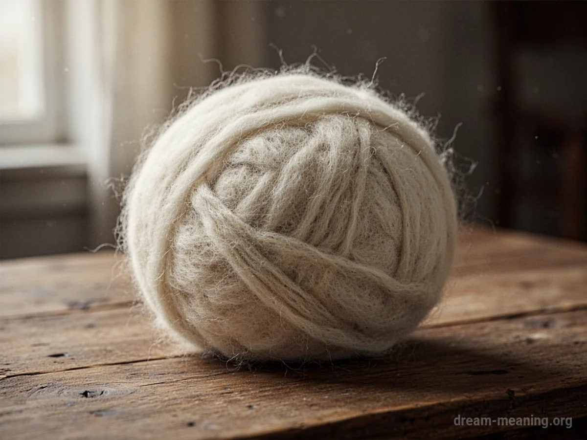 A close-up view of a fluffy ball of white sheep wool.