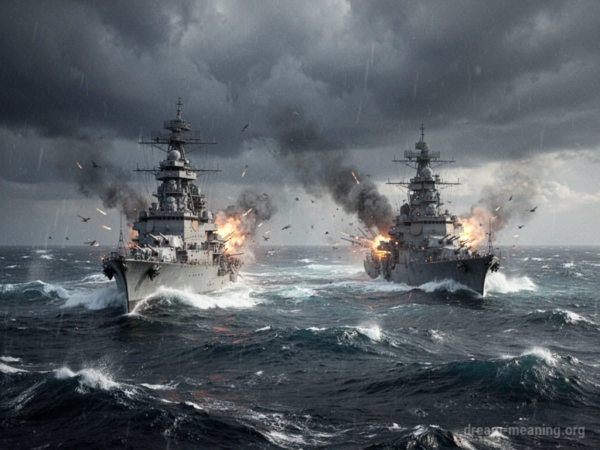 Two silhouette ships firing at each other on a dark, choppy sea under a stormy sky.