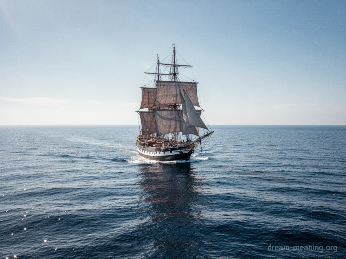 A sailing ship rests on a calm, blue ocean.