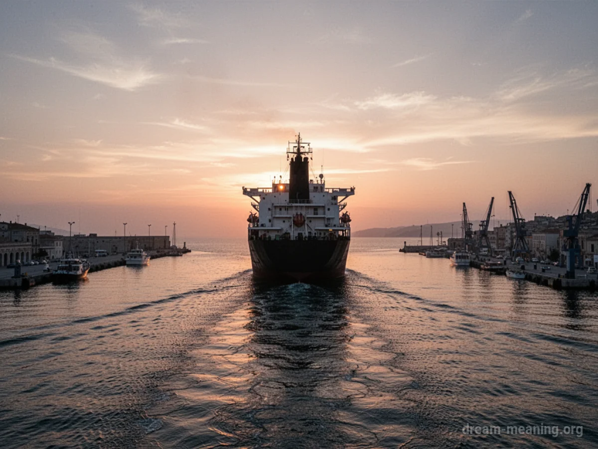 A ship sailing away from a harbor towards the open sea.