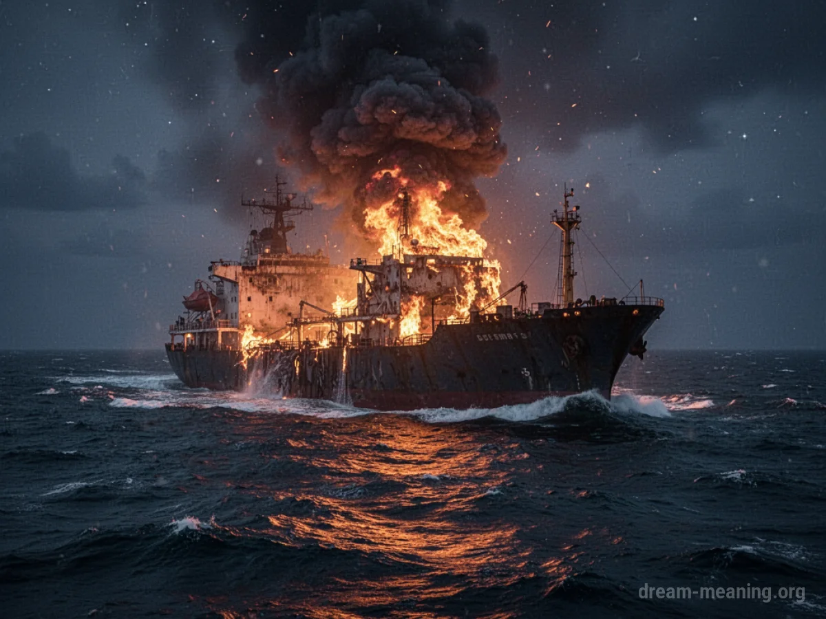 A large ship burning intensely on the water.