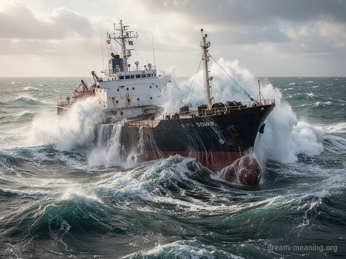 A large ship tilted precariously in rough seas.
