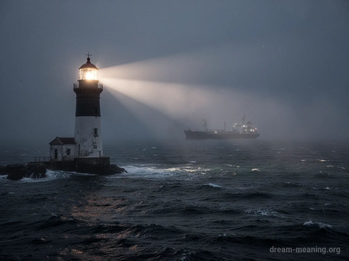 A lighthouse beam shining over a foggy ocean towards a ship.