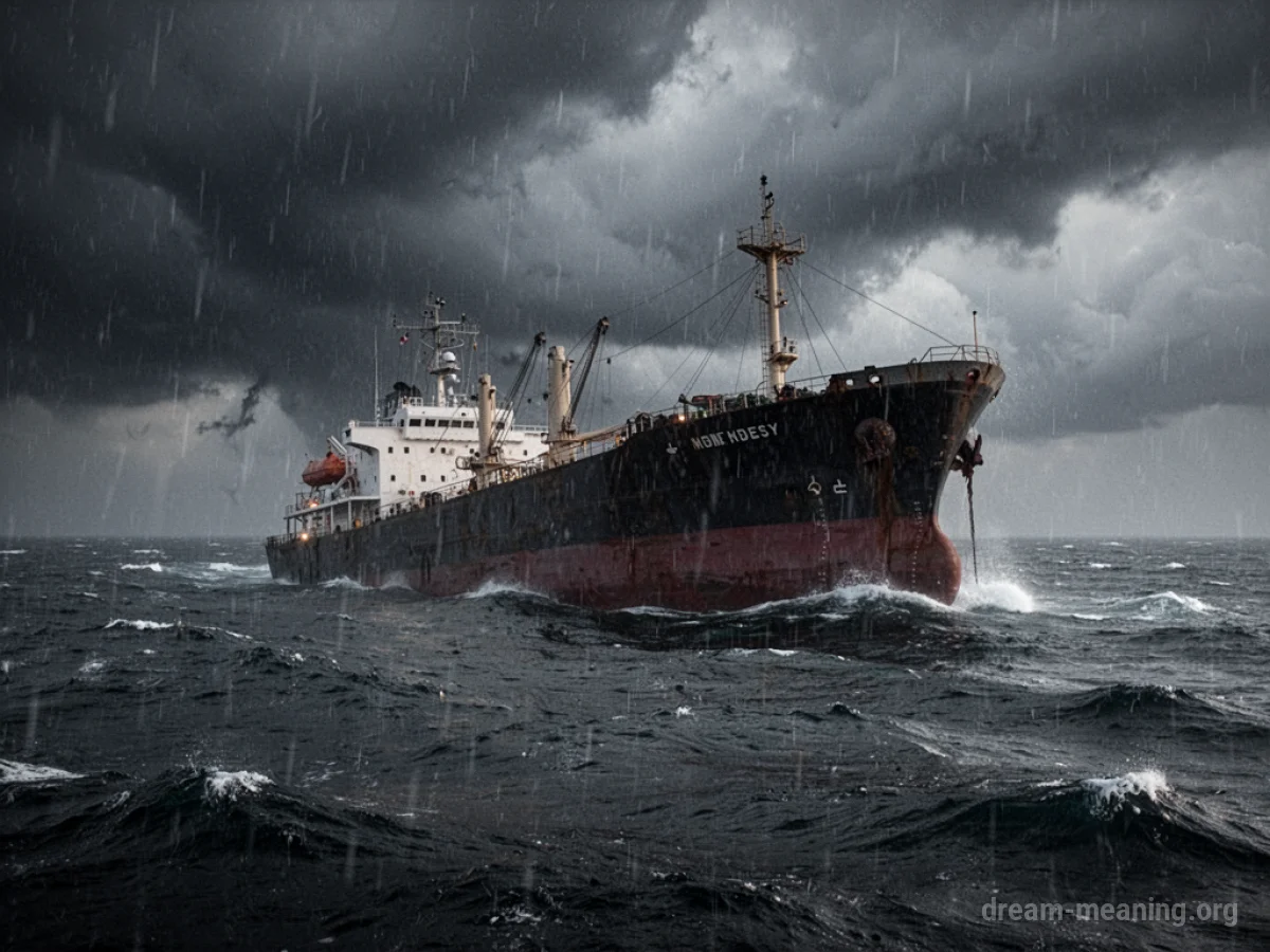 A large ship sinking into dark, rough water during a storm.