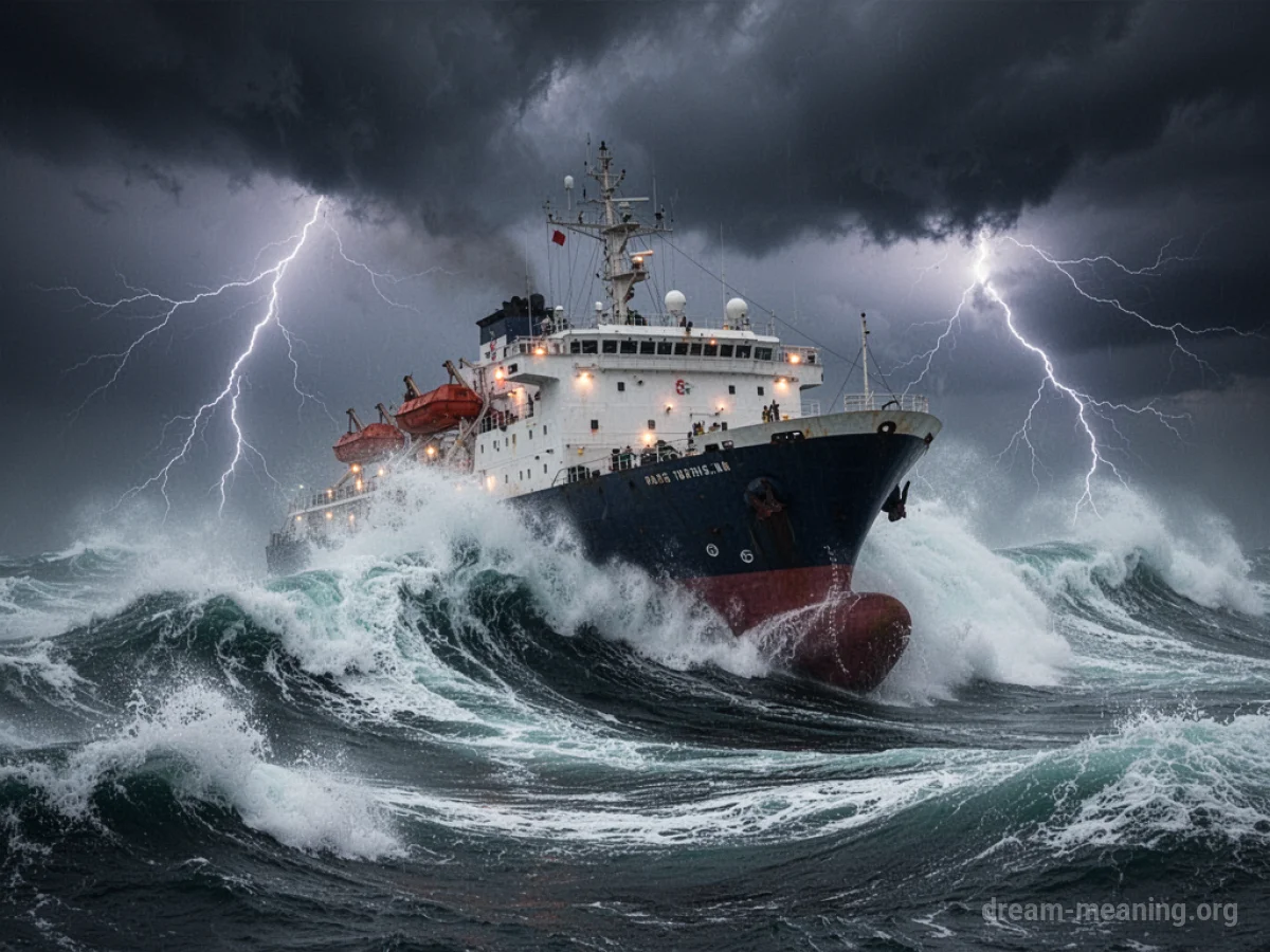 A large ship struggling against high waves and dark clouds.