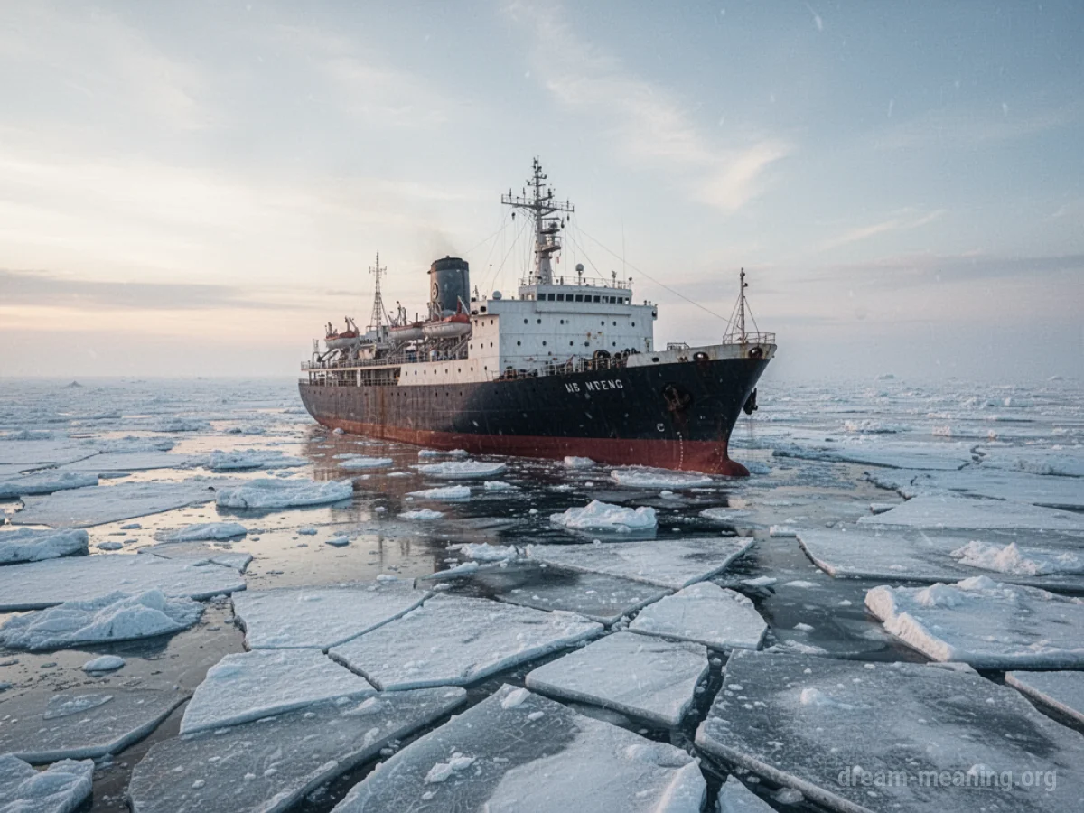 A large ship trapped within a frozen sea of ice.