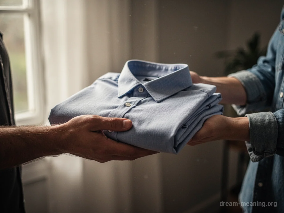 A person's hand holding out a folded shirt towards another person.