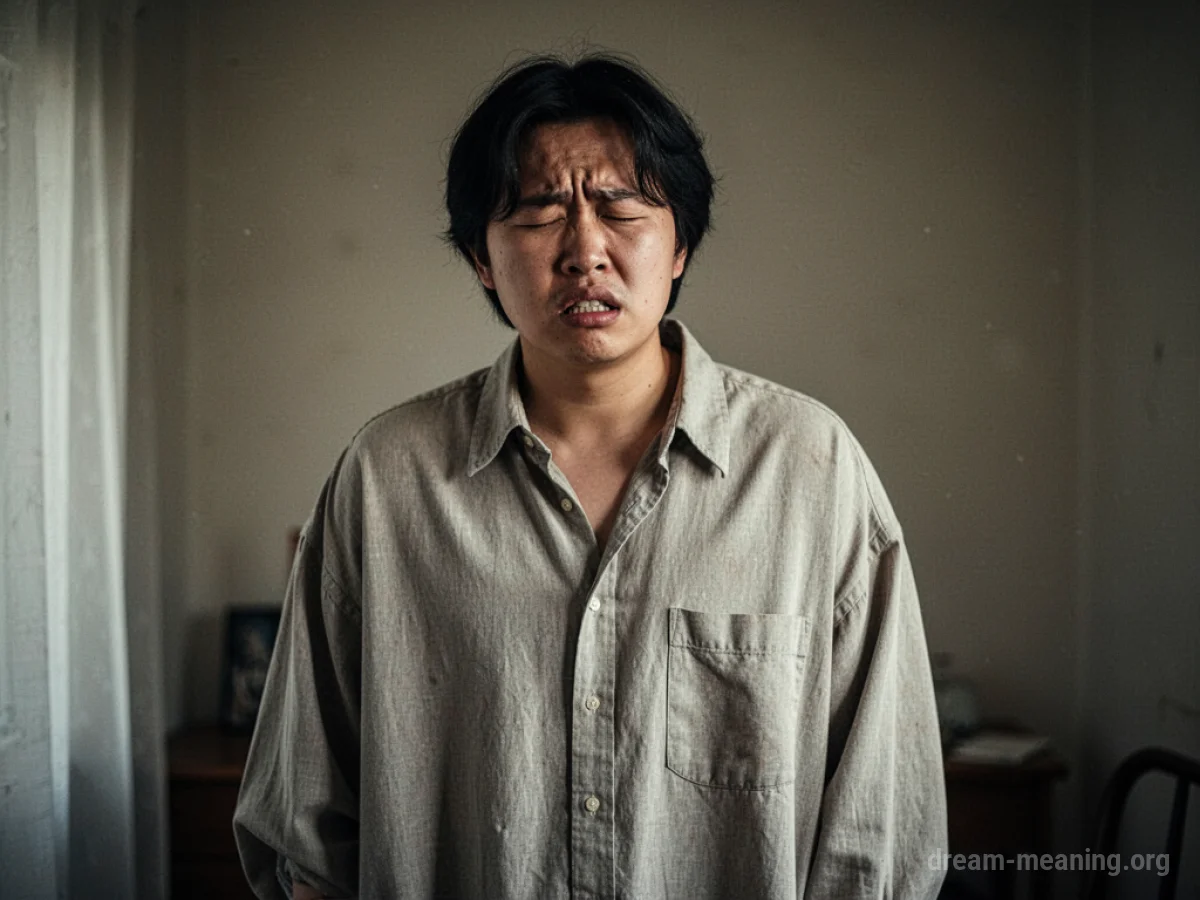 A person wearing a shirt that is visibly too large for their frame.