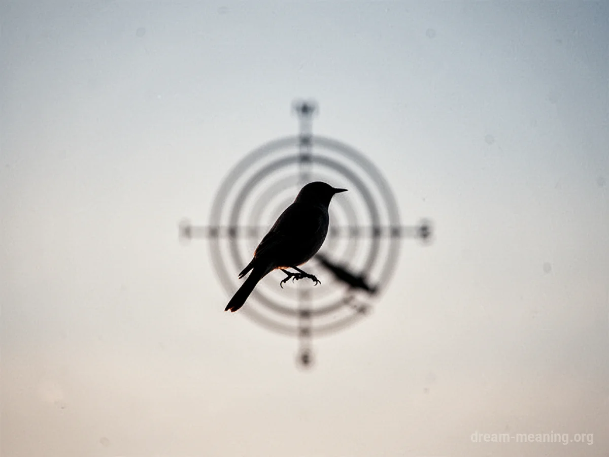 Silhouette of a bird flying against a sky with a subtle target graphic.