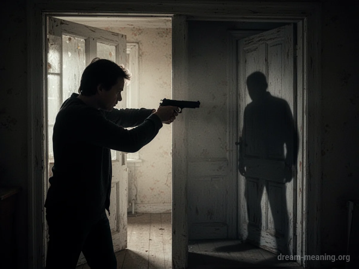 Silhouette of a person aiming a weapon at a shadowy figure.