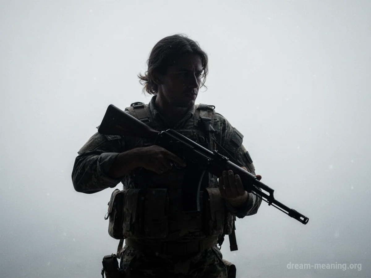 Silhouette of a person aiming a rifle in an empty space.