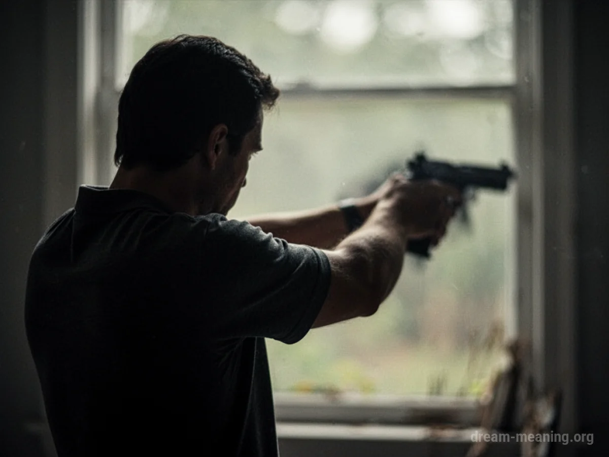 Silhouette of a person aiming a blurry object.