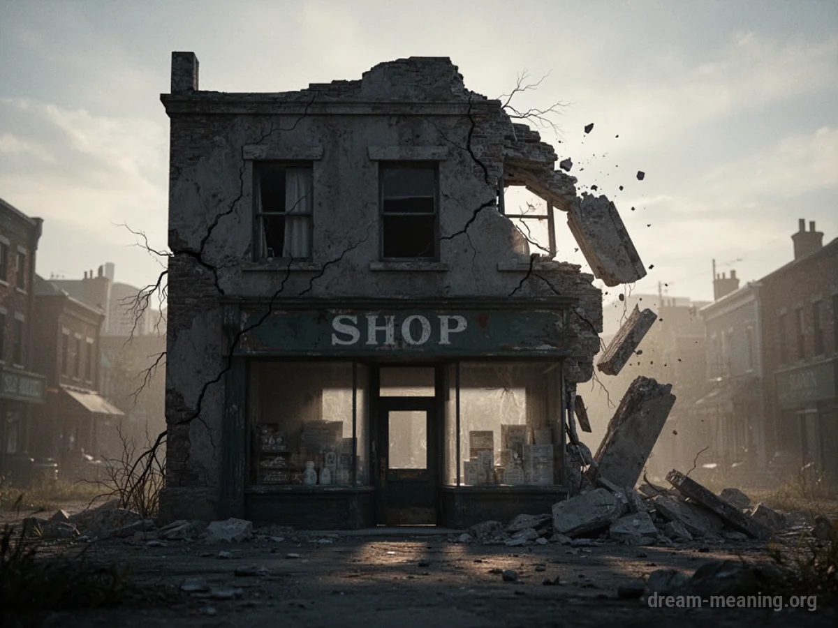 A shop building with visible cracks and a section of the facade falling.