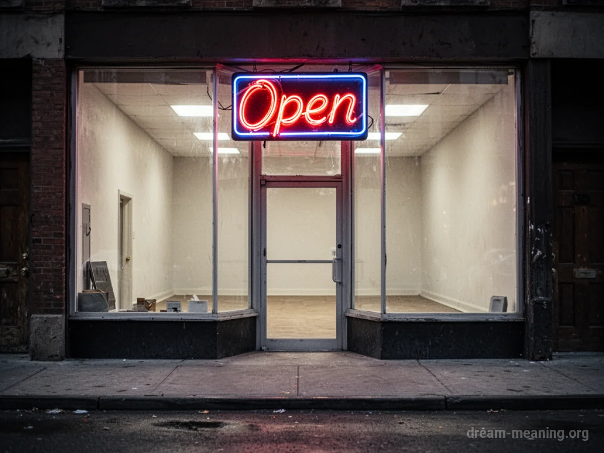 An empty shop with an open sign visible from the street.