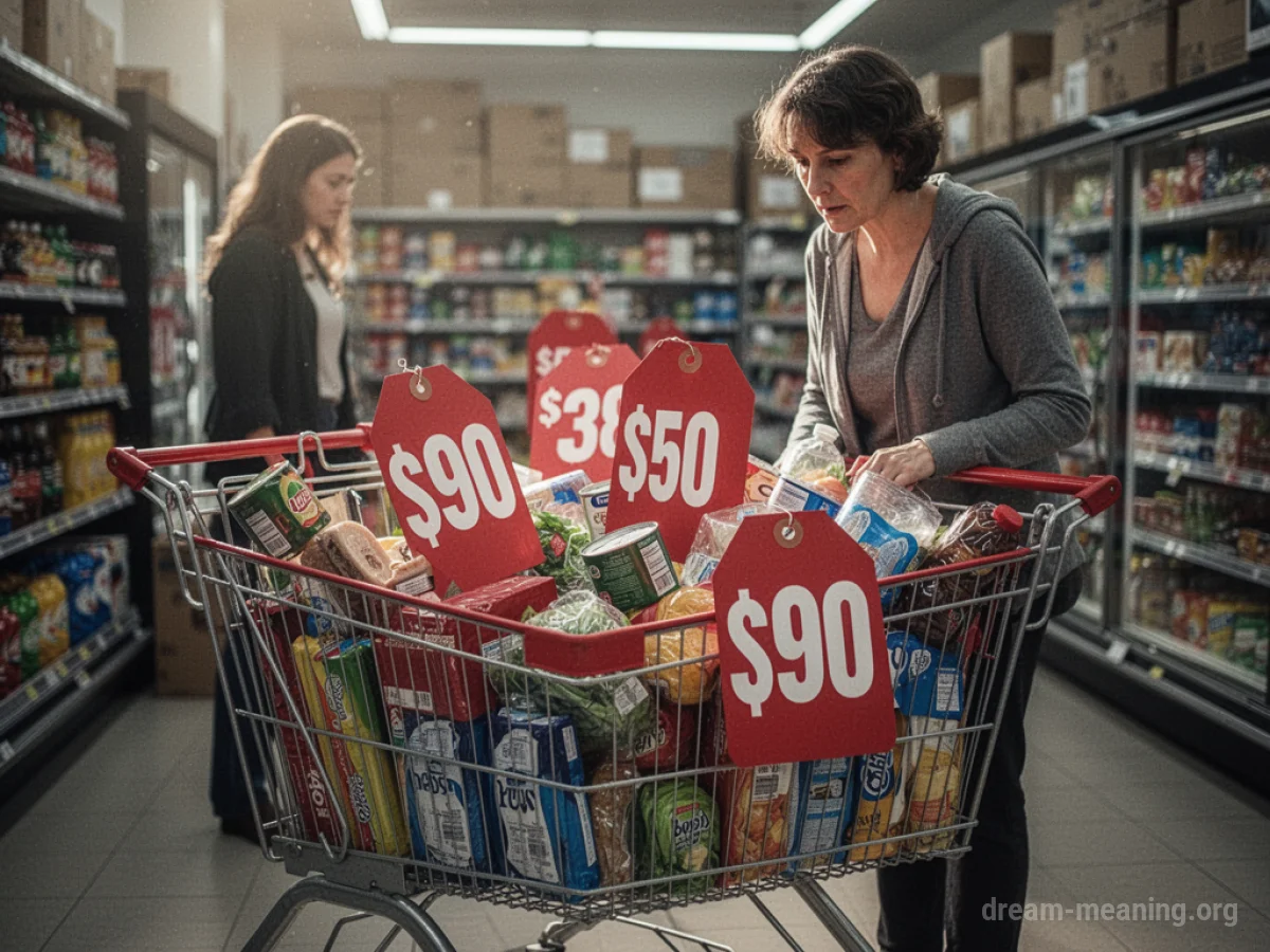 A shopping cart overflowing with goods, each item displaying an exaggeratedly large price tag.