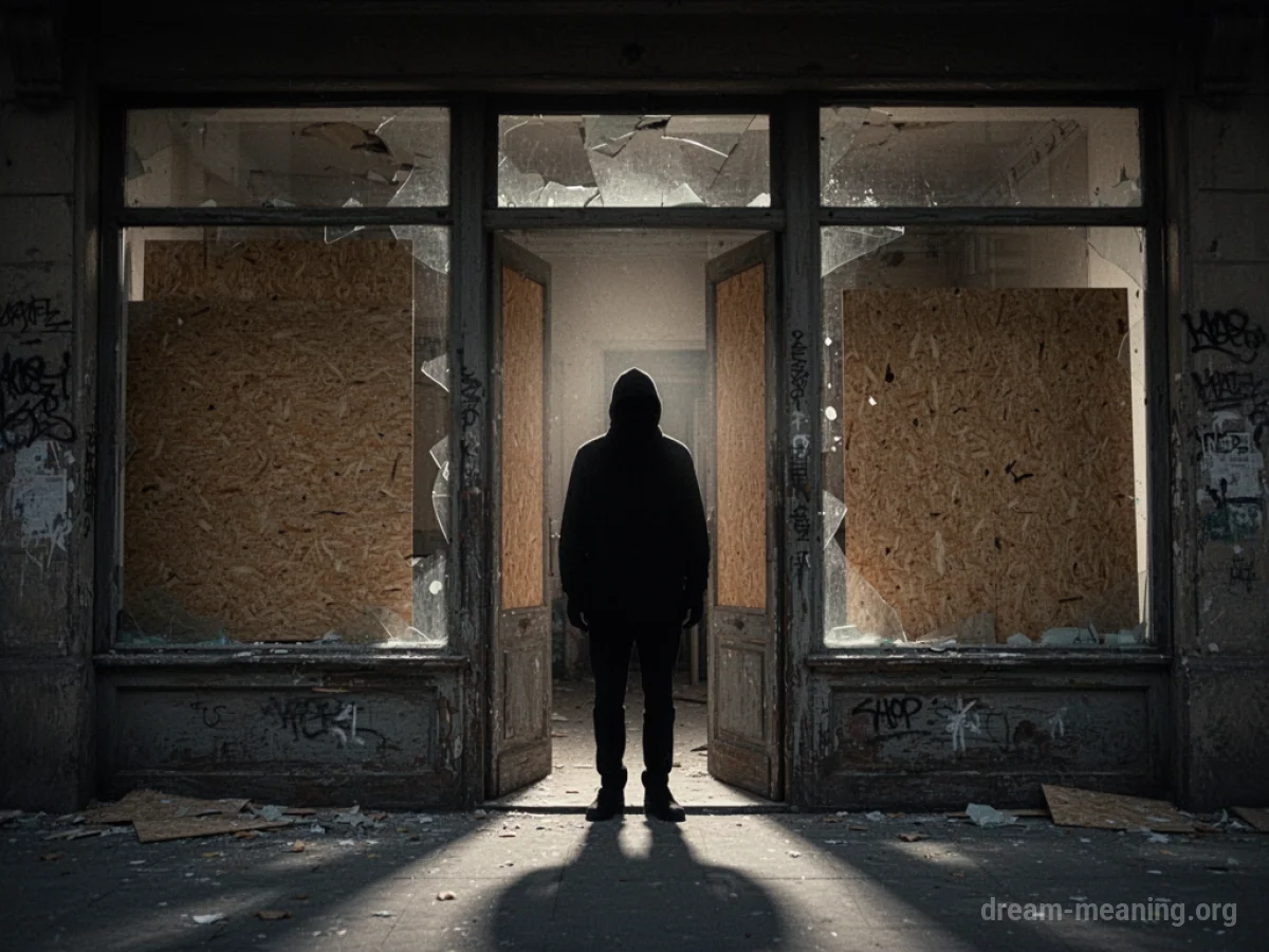 A shop with boarded-up windows and a dark silhouette in the doorway.