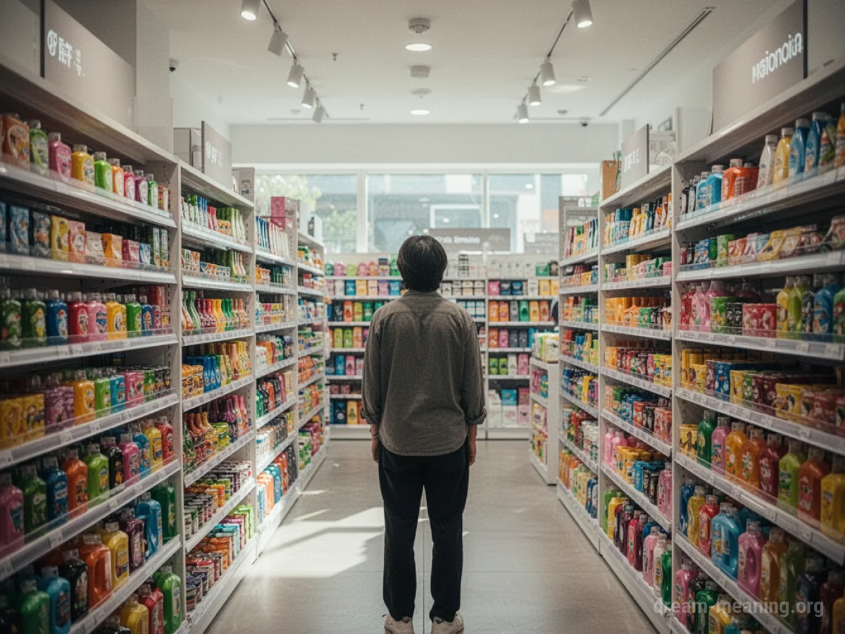 A person stands in a brightly lit store aisle with many product displays.