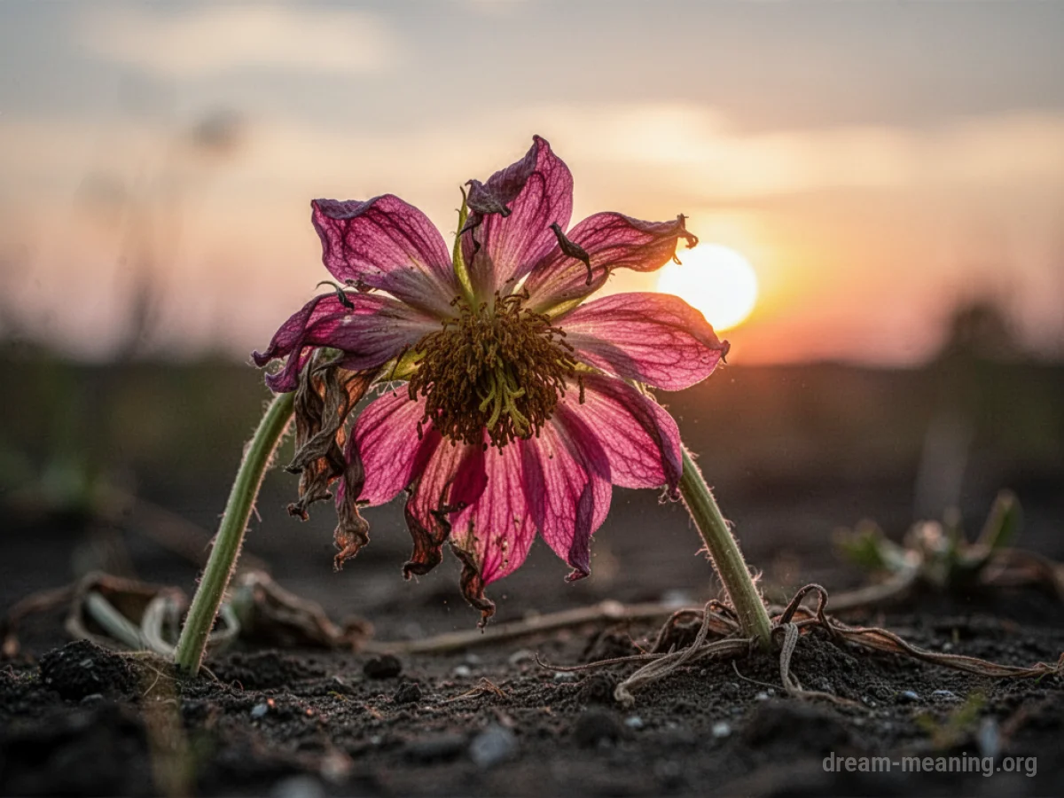 A single flower wilting as the sun sets.